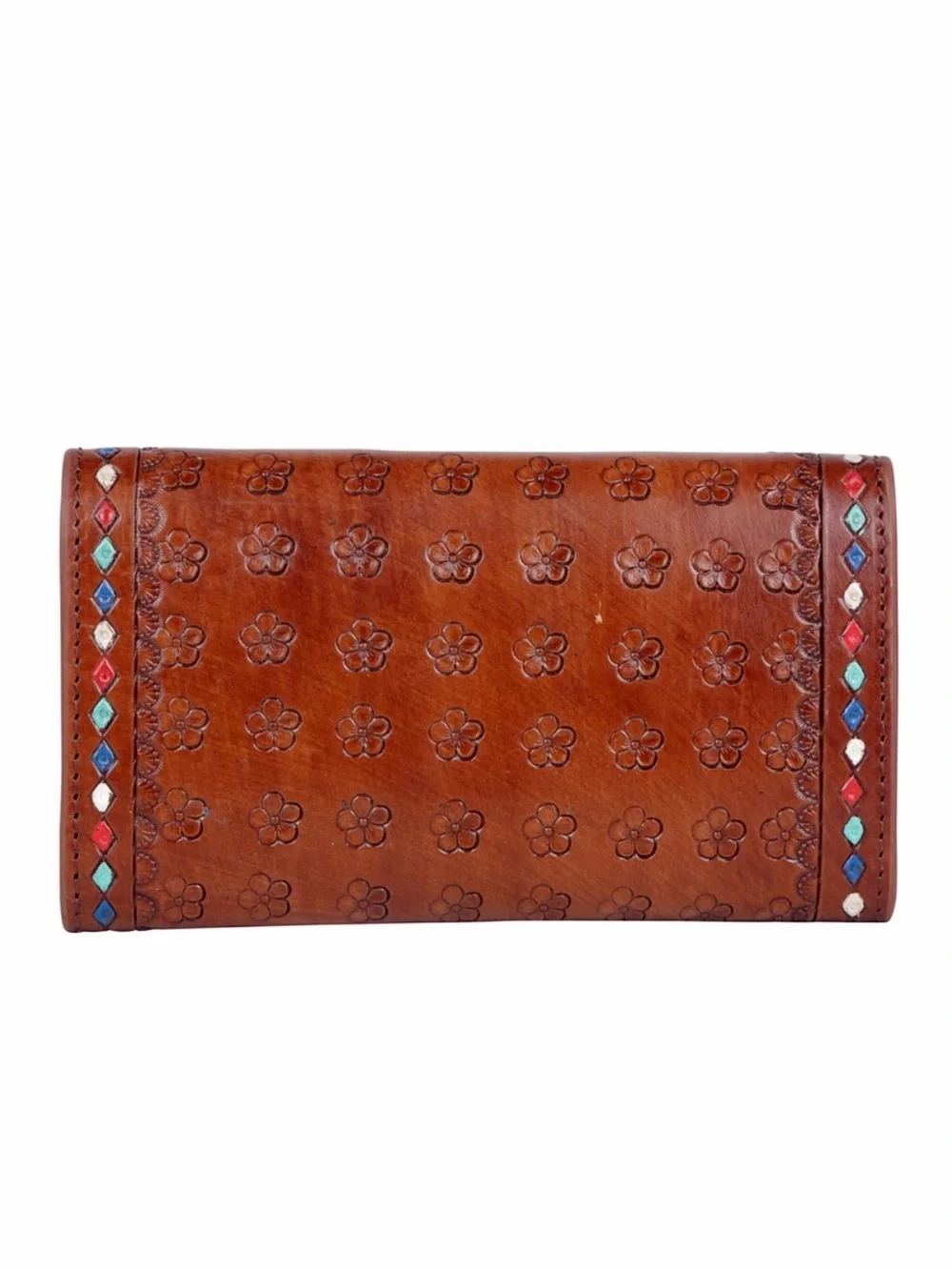 Western Wallet Hand-Tooled Floral Leather Wallet in Brown with Turquoise Accents